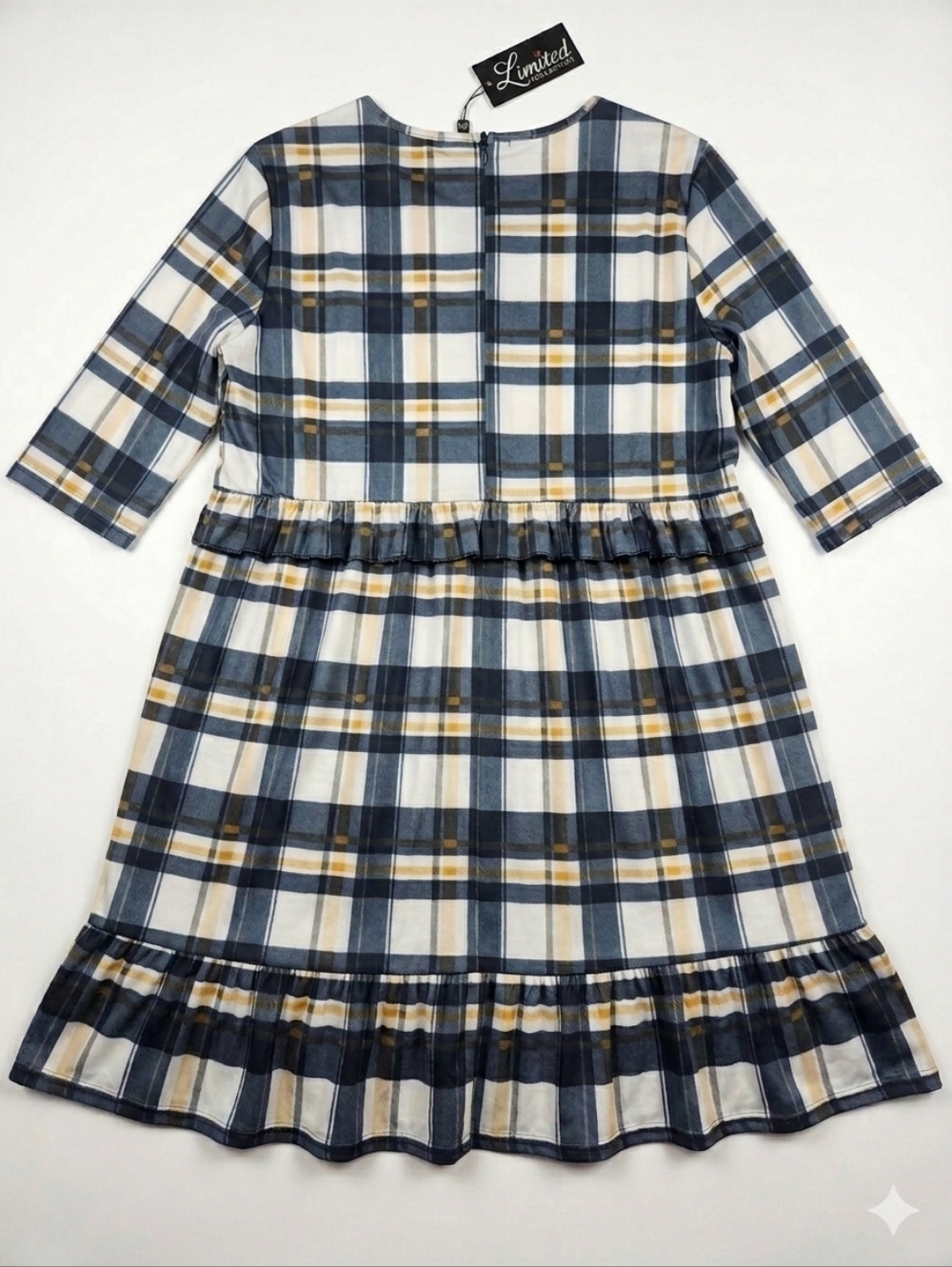NWT Plus Size Navy, White, And Yellow Plaid Ruffle-Hem Dress Size 22/24 - Picture 4 of 5